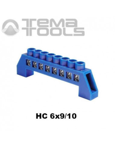 Шина нульова в ізоляторі HC 6x9 мм 10 отворів синя